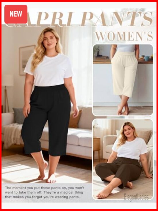 Plus Size Wide Leg Capri Sweatpants 3 Pack High Waisted Yoga Pants with Pockets - Picture 3 of 7